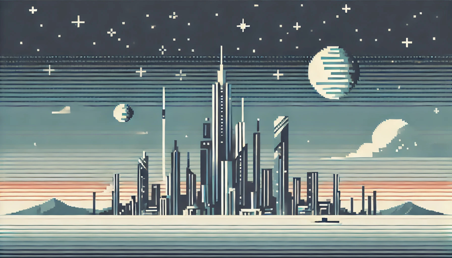 DALL·E 2024 07 15 01.05.41   A minimalist sci fi scene with a retro game aesthetic, featuring a pixelated futuristic cityscape with sleek, towering buildings and simple geometric 